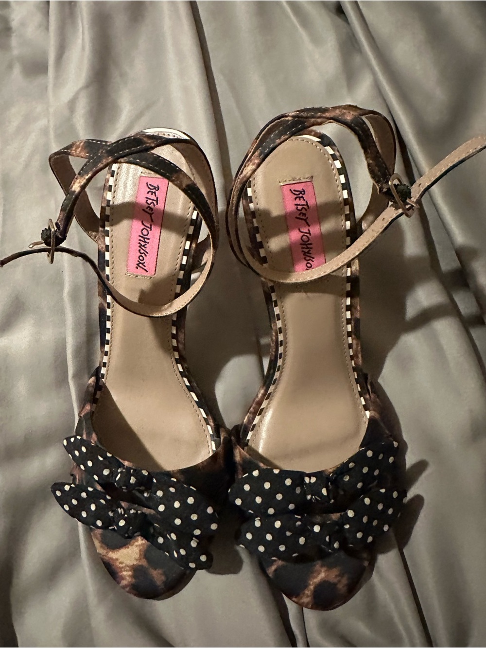 Betsey Johnson Red Patent & Leopard Print Peep-Toe Heels. 4in heel